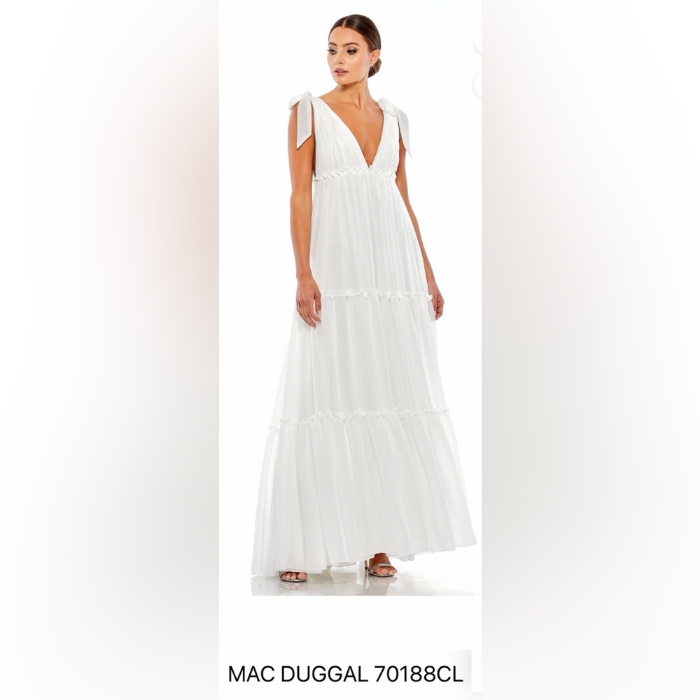 MAC DUGGAL 70188CL WHITE V-Neck Tie-Shoulder Tiered Maxi DRESS, Size 6, NWT
